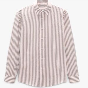 NWT Zara Men's Regular Fit Striped Button-Down Shirt in Beige and White L